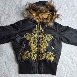 Rocawear Y2K Vintage Down Bomber Jacket with Gold Lining and Fur Trim
